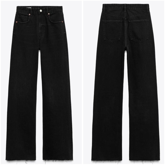 Zara High Rise Wide Frayed Hem Leg Black Denim Jeans Size 4 - Picture 1 of 12